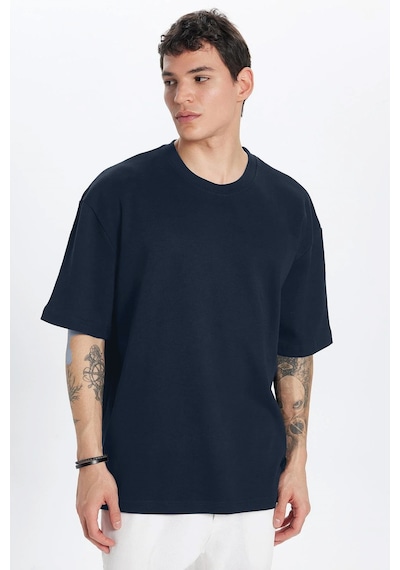 Tudors Unisex Oversize Geniş Kesim Pamuk Yumuşak Dokulu Basic Bisiklet Yaka Lacivert Tişört-30844 2XL