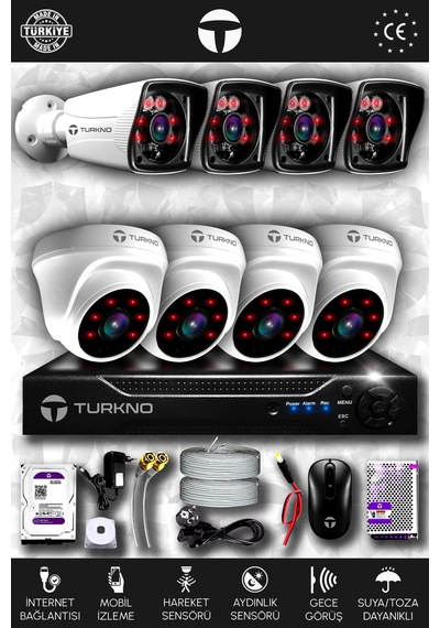 Turkno 8 Kameralı Karia 4 İç Kamera Set 100 GB HDD Full HD Gece Görüşlü Güvenlik Kamerası Sistemi
