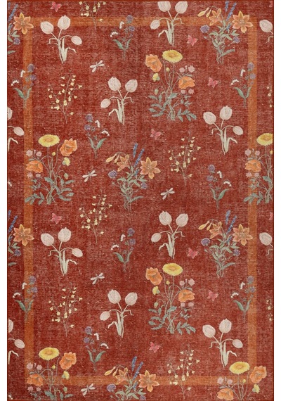 Artloop Florart Kiremit / Turuncu Doğa Temalı Çiçekli Dokuma Tabanlı Modern Şönil Halı Al 492 Gri
