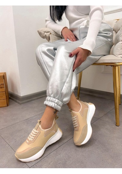 Erva'nın Butiği Bej Triko Mines Kadın Bağcıklı Sneakers-5222