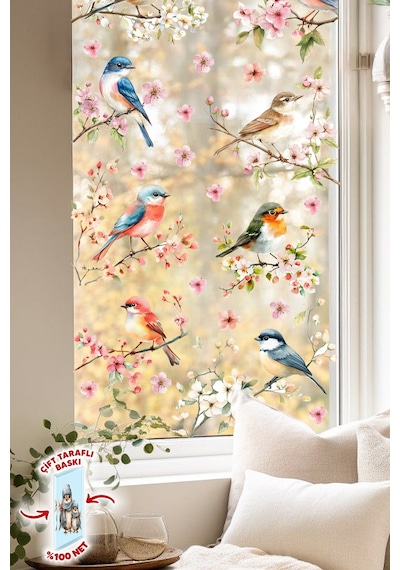 Çift Taraflı Cam Sticker Kuş Ve Çiçek Seti 57 Parça Bahar Temalı Pencere Süsü, %100 Net Görünüm Dijital Baskı