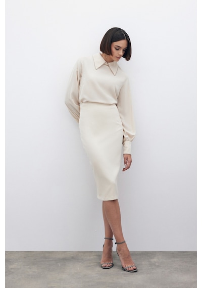 Sateen Düz Kalem Etek - Bej
