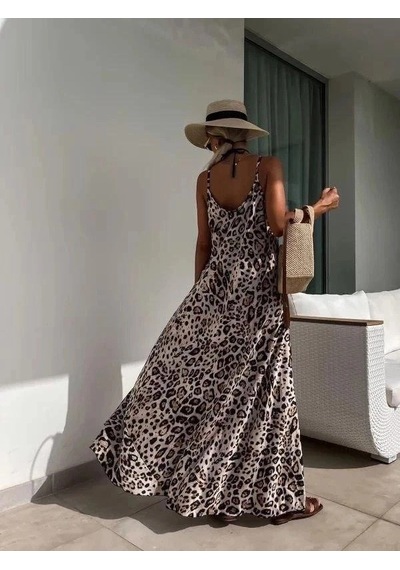 Zennamoda Kadın Askılı Yuvarlak Yakalı Geniş Kesim Leopar Desenli Uzun Süprem Elbise