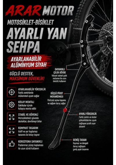 Bisiklet Çift Şase Bağlantılı Yan Sehpa Ayarlanabilir Alüminyum Siyah