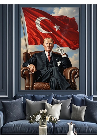Ahşap Tablo Koltukta Oturan Gururlu Atatürk Portresi