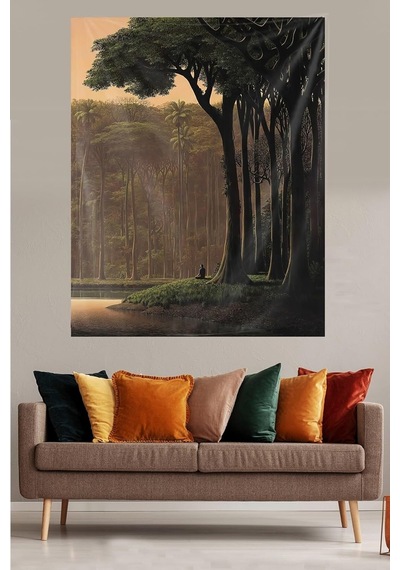 Pelangi Ormanda Oturan İnsan Leke Tutmaz Kadife Dokulu Kumaş Duvar Örtüsü Duvar Halısı Tapestry, Kahverengi 70 X Diğer