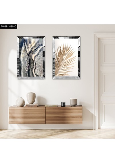 Gümüş Aynalı Pleksi Çerçeveli Beyaz Arka Planlı Gold Soyut Çiçek İkili Mdf Tablo Seti