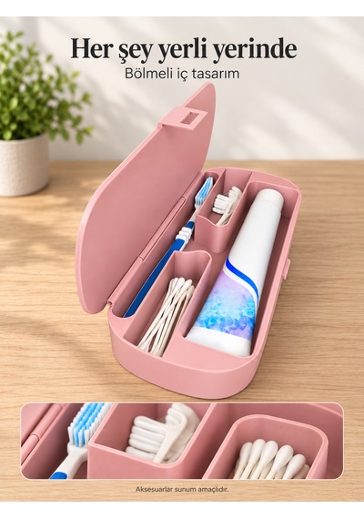 Diş Fırçası Ve Macunu Seyahat Kutusu Kapaklı Bölmeli Organizer Pembe