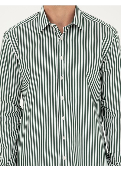 Cacharel Koyu Yeşil Slim Fit Pamuklu Çizgili Gömlek