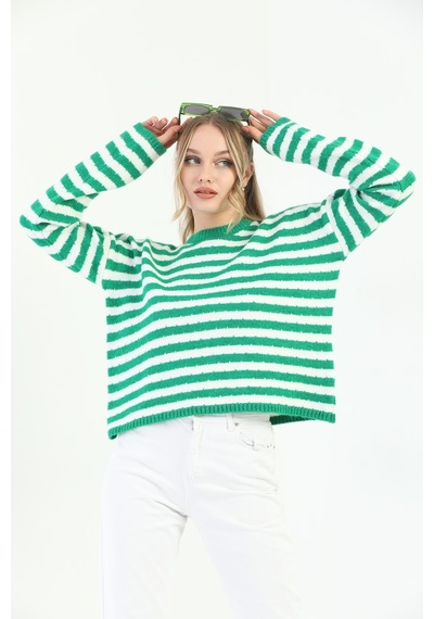 Youknitwear You Angora Çizgili Kazak Yeşil