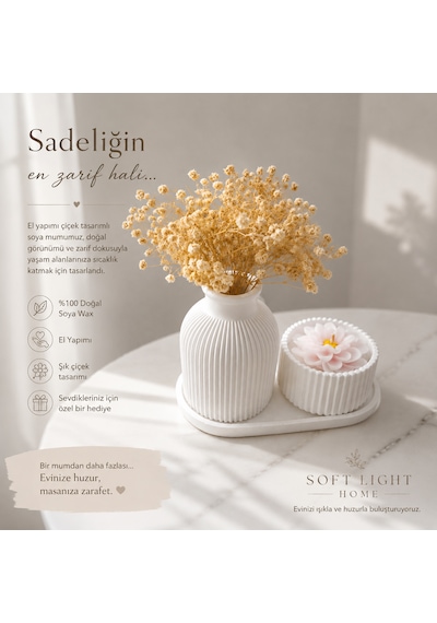 Minimalist Çizgili Vazo, Lotus Mum Ve Sunum Tepsili Beton Dekorasyon Seti 001 - Beyaz