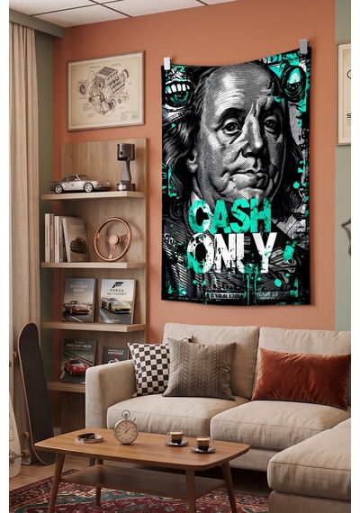 Cash Only Para Temalı Duvar Örtüsü, Modern Genç Odası Dekoru, Baskılı Kumaş Duvar Halısı Beyaz