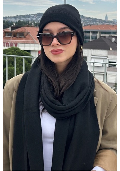 Mollycrush Kadın Kışlık Siyah Atkı Bere Seti Şık Örgü Set Siyah