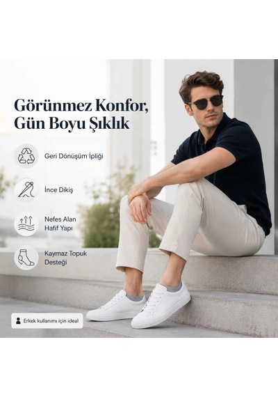 Genel Erkek Geri Dönüşüm İplikli 12 Li Görünmez Sneaker Çorap, İnce Dikişli, Nefes Ala Gri 12'li / 39-44