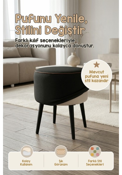 Yıkanabilir Puf Tabure Kılıfı Tak-Çıkar-Değiştir-Yenile Orta Sehpa Kılıfı 40x22 Meek Siyah