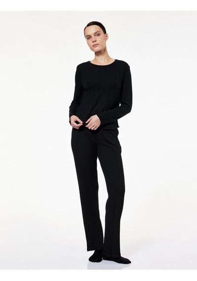 Koton Modal Kumaş Uzun Kollu Bisiklet Yaka Pijama Üstü Siyah 7wlk40068mk