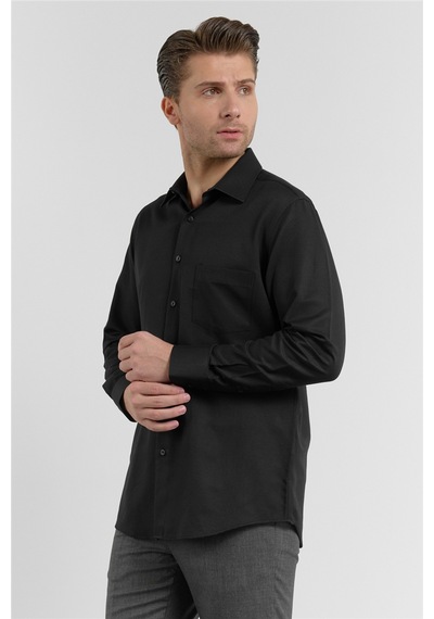İmza Siyah Kendinden Desenli Sert Yaka Uzun Kol Cepli Comfort Fit Pamuklu Gömlek 1004255206