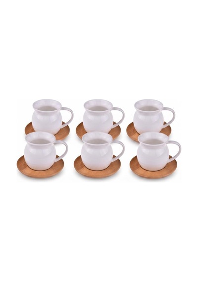 6 Kişilik Bambu Tabaklı Çay Fincanı, Neskafe 200ml Beyaz