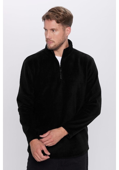 Tudors Unisex Standart Fit Rahat Kesim Tüylenme Yapmayan Soğuk Geçirmez Siyah Dik Yaka Polar Sweatshirt-30131 Siyah