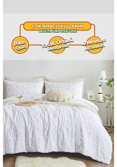 Evlen Home Pamuklu Emmy Yatak Örtüsü Seti Günlük Tek Kişilik Boho 2 Parça Dolgulu Tufting Beyaz Beyaz