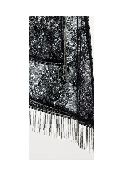 Lilly Noir Fringe Zincir Püsküllü Asimetrik Siyah Dantel Bluz Siyah Siyah