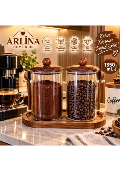 İkili 1350 Ml Akasya Kapaklı Kaşıklı Akasya Standlı Cam Kavanoz Seti Kahverengi