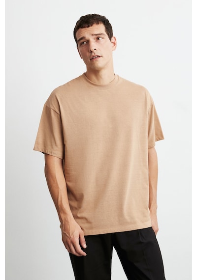 Grımelange Jett Erkek Oversize Fit %100 Organik Pamuk Kalın Dokulu Bisiklet Yakalı Kahverengi T-shirt Kahverengi