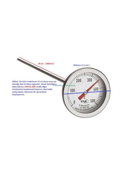 Teknikmarketiniz Ø52mm 500c 30cm Problu Taş Fırın Termometresi