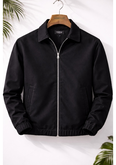 Mero Life Erkek Basic Old Money Fermuarlı Oversize Mevsimlik Polo Yaka Gabardin Kumaş Siyah Ceket