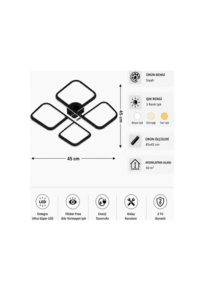 Nuvo Led Plafonyer Avize 3 Renk Kumandalı Siyah