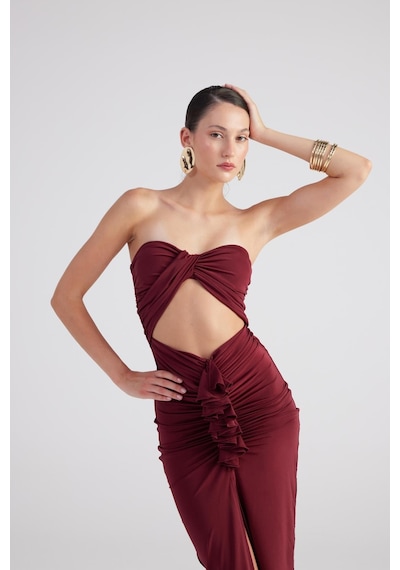 Holly Lolly Büzgü Detaylı Straplez Yırtmaçlı Hailey Elbise Bordo