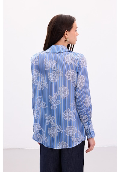 Sateen Geniş Manşetli Gömlek - Mavi-136905 Mavi