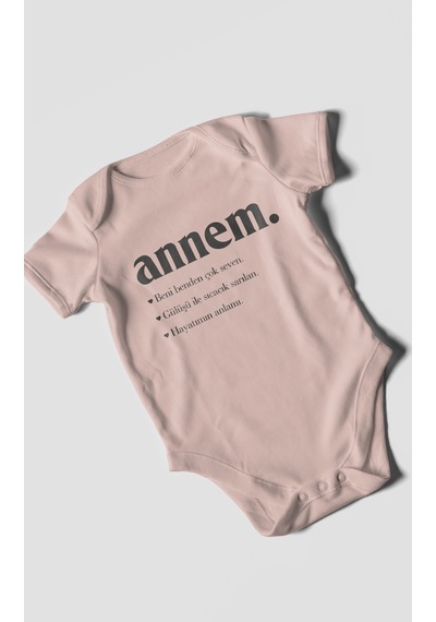 Annem Baskılı Bebek Zıbını Çıtçıtlı Body 8 Renk %100 Pamuk Kısa Kol Pastel Pembe