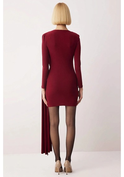 Benerly Kadın Bisiklet Yaka Uzun Kol Düz Örme Bodycon Mini Elbise Fonksiy Koyu Bordo