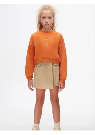 Kız Çocuk Pamuklu İki İplik Crop Sweatshirt-14706 Turuncu