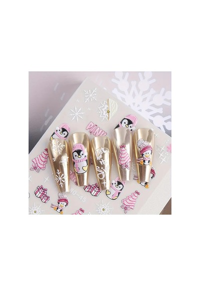 Penguen Kar Tanesi Noel 3d Tasarım Pembe Yapışkan Sticker Tırnak Dövmesi Nail Art