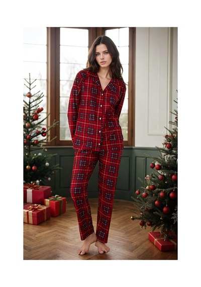 Burcumay Kadın Ekose Desenli Kışlık Düğmeli Süet Yeni Yıl Temalı Yılbaşı Pijama Takımı Bordo