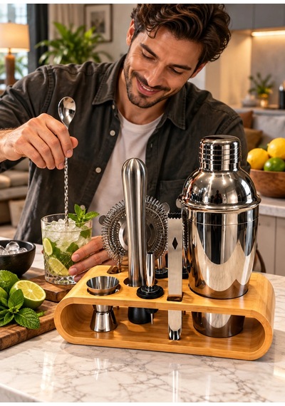 10 Parça Bambu Standlı Kokteyl Shaker Seti 750 Ml
