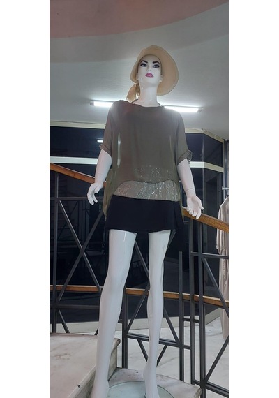 Bohem Stil İtalyan Yarasa Kollu Payetli İpek Bluz-9248 Haki