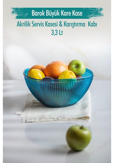Akrilik Barok Aquamarin Büyük Kare Meyve & Salata Kasesi & Karıştırma Kabı / 3,3 Lt Cam Değildir