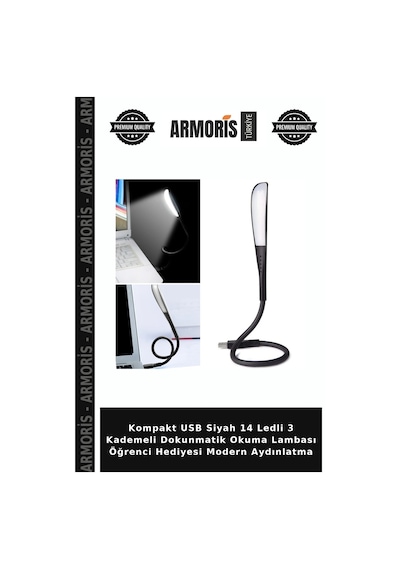 Kompakt Usb Siyah 14 Ledli 3 Kademeli Dokunmatik Okuma Lambası Öğrenci Hediyesi Modern Aydınlatma Çok Renkli