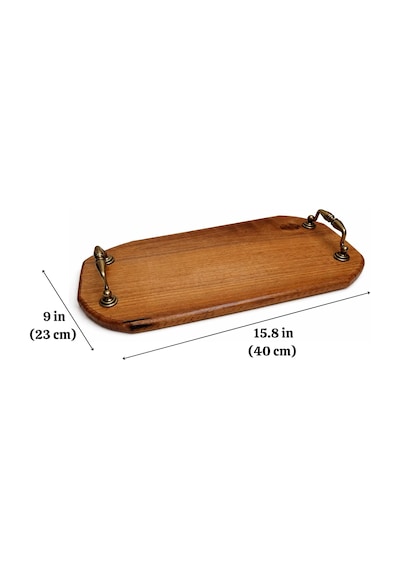El Yapımı Ceviz Ağacı Sunum Tepsisi 24x42 Cm Antik Pirinç Kulplu Ahşap Servis Tepsisi Doğal Masif Ceviz