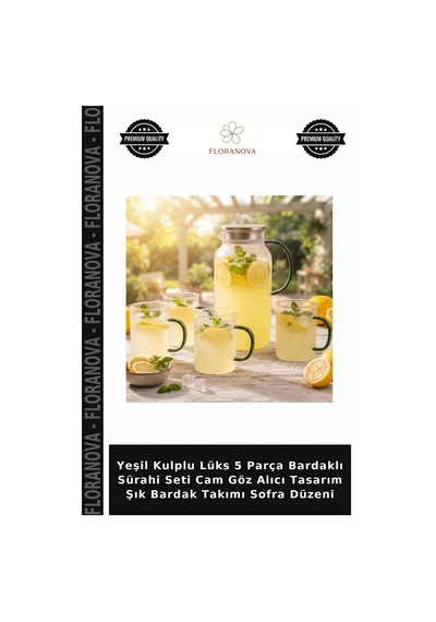 Yeşil Kulplu Lüks 5 Parça Bardaklı Sürahi Seti Cam Göz Alıcı Tasarım Şık Bardak Takımı Sofra Düzeni