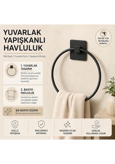 Yapışkanlı Metal Havluluk, Havlu Tutucu Askı, Paslanmaz Yuvarlak Diğer
