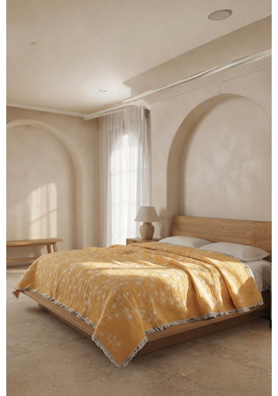 Soleil Bloom 5 Kat Dolgulu Müslin Çift Kişilik Yatak Örtüsü Pike Koltuk Örtüsü %100 Pamuk Çiçek Desenli 220x240 Cm Sarı