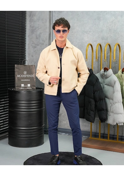 Modefendi Orta Slim Fit Düğme Detaylı Kaşmir Kaban Bej