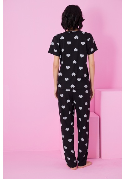 Siyah İnci Bisiklet Yaka Örme Pijama Takım Siyah Beyaz Kalp