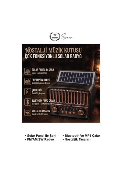 Solarradyo Güneş Panelli Şarjlı Nostaljik Fm Radyo Bluetooth Hoparlör Aux Usb Tf Kart Girişli Am Sw