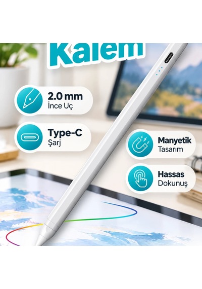 Universal Dokunmatik Kalem 2.0 Mm İnce Uçlu Type-c Şarjlı Manyetik Tasarım