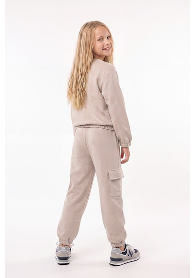 Fyk Kids 3 İplik Kız Çocuk Düz Kısa Bel Sweatshirt Bisiklet Yaka Eşofman Takımı Bej